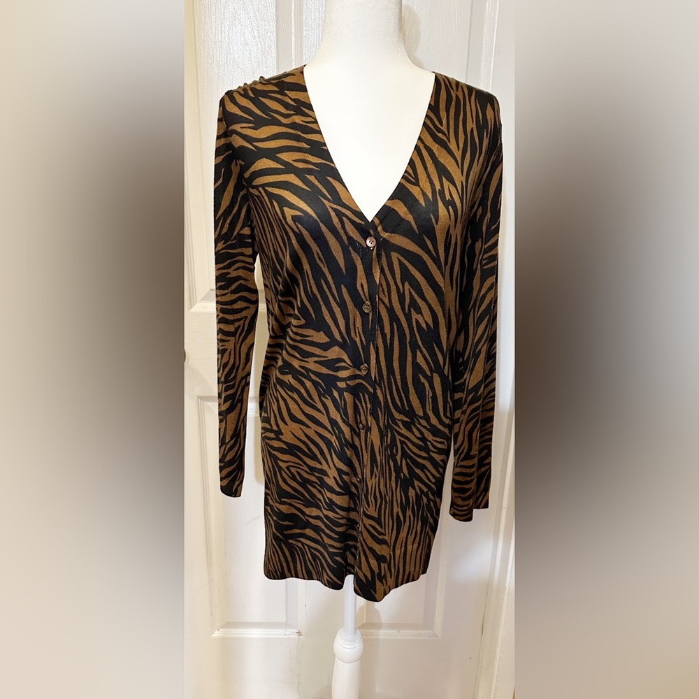 Neiman Marcus Sweater Cardigan Cashmere Brown Animal Long Sleeve Medium NWT